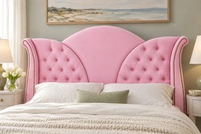 Pat tapițat Chesterfield din catifea Velora 160×200 cm, roz, cu ladă de depozitare
