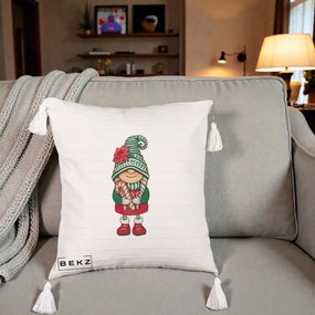 Perna Decorativa Gnom Craciun Verde cu Bomboane si Floare, 40x40 cm, Bej cu Franjuri, Husa Detasabila, Perna Inclusa, BEKZ®