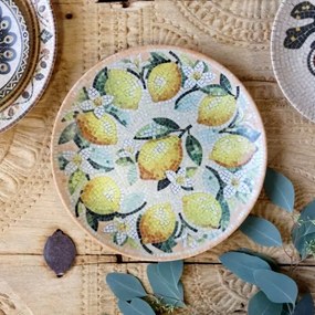 Tavă pentru servire din ceramică cu model mozaic și motiv lămâi, H2,8/D26,5 cm, melon &amp; crem, „Chartres”