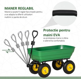 Cărucior de grădină Outsunny 125L din oțel și PP cu cadă rabatabilă și mâner de transport, 118x58x102 cm, de culoare verde închis | Aosom Romania