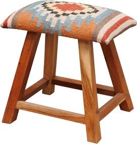 Taburet kilim din iută, lână și lemn de mango, multicolor, cu medalion central și picioare înclinate, 45 x 45 x 35 cm, „Autumn Killim”