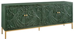 Comoda PEACOCK 175cm lemn de mango verde sculptat 3D cu design paun