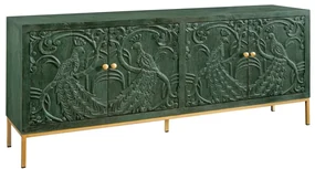 Comoda PEACOCK 175cm lemn de mango verde sculptat 3D cu design paun