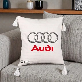 Perna Personalizata cu emblema Audi, 40x40 cm, Bej cu Franjuri, Husa Detasabila, Perna Inclusa, BEKZ®