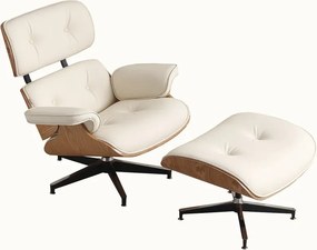 AVALON Accent Lounge Chair & Ottoman – Fotoliu Premium cu Taburet, Design Ergonomic, Piele Ecologică PU Premium, Furnir culoare Lemn Natural, Bază Pivotantă din Aluminiu, Alb