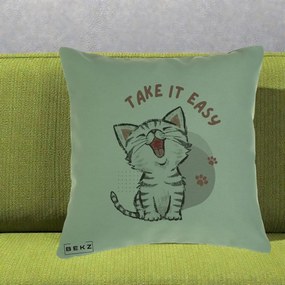Perna Personalizata Take It Easy Cat, 40x40 cm, Verde, Husa Detasabila, Perna Inclusa, BEKZ®