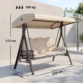 Outsunny Leagăn de Grădină cu 3 Locuri, Acoperiș Reglabil, Suport pentru Pahare și Perne, 207x120,5x174 cm, Bej | Aosom Romania
