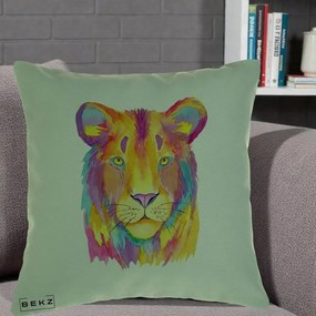 Perna Decorativa Leu Acuarela Curcubeu, 40x40 cm, Verde, Husa Detasabila, Perna Inclusa, BEKZ®