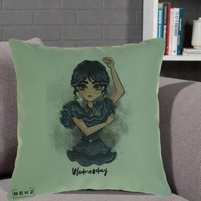 Perna Personalizata Wednesday Addams Dancing Queen, 40x40 cm, Verde, Husa Detasabila, Perna Inclusa, BEKZ®