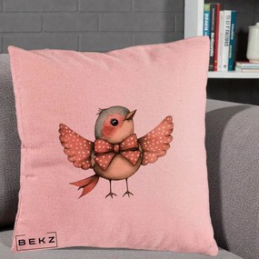 Perna Decorativa Pasare Roz cu Aripi si Fundita, 40x40 cm, Roz, Husa Detasabila, Perna Inclusa, BEKZ®