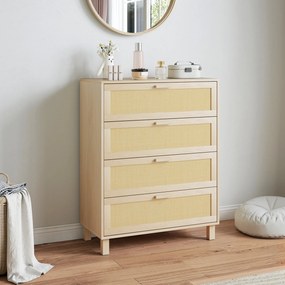 HOMCOM Comodă 4 sertare cannage din ratan dim. 80L x 40l x 103H cm MDF Aspect Lemn Deschis | Aosom Romania