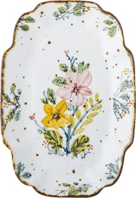 Platou de servire din ceramică artizanală albă cu motive florale roz pictate manual și margine aurie, 31×21×3 cm, "Savina"