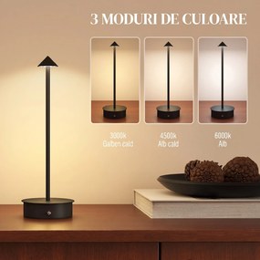 HOMCOM Lampă de Masă Reîncărcabilă cu USB, Lampă Fără Fir cu Temperatura Culorii Reglabilă 3000K/4500K/6500K, Control Tactil, Autonomie 4-8 Ore, Negru | Aosom Romania