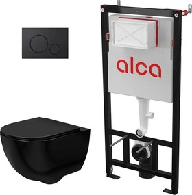 Pachet vas wc suspendat Rea Carlo, capac softclose, rama instalare Alcadrain si clapeta Alcadrain negru