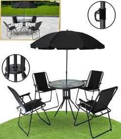 Set de mobilier de terasă, masă, 4 scaune pliabile și umbrelă de soare