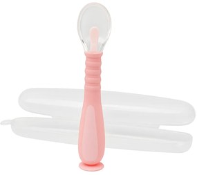 Lingurita bebe din silicon moale, cu maner flexibil, ventuza la baza si husa pentru depozitare Kidizi roz, 9 luni+, fara BPA
