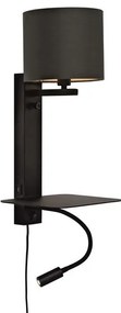 Aplica cu raft, reader LED, mufa USB si abajur textil negru Florence