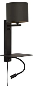 Aplica cu raft, reader LED, mufa USB si abajur textil negru Florence