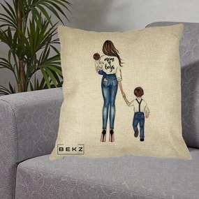 Cadou pentru Mama - Perna Personalizata Mom of Boys Mama cu Baietii, 40x40 cm, Crem, Husa Detasabila, Perna Inclusa, BEKZ®