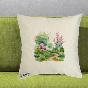 Perna Decorativa Gradina Primavara Acuarela, 40x40 cm, Ecru, Husa Detasabila, Perna Inclusa, BEKZ®