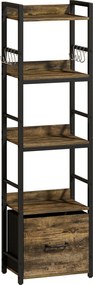 HOMCOM Bibliotecă cu 4 niveluri, etajeră de depozitare îngustă cu sertar, 8 cârlige, , 39 x 26 x 136,5 cm, maro rustic | Aosom Romania