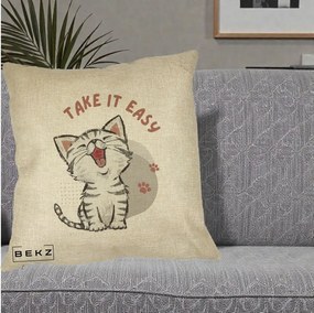 Perna Personalizata Take It Easy Cat, 40x40 cm, Crem, Husa Detasabila, Perna Inclusa, BEKZ®