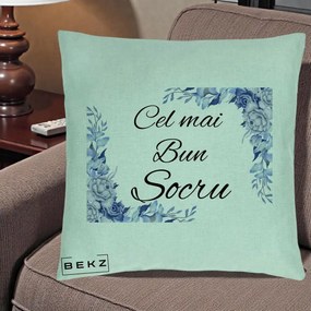 Cadou pentru Socru - Perna Personalizata Cel mai Bun Socru cu Flori Albastre Acuarela, 40x40 cm, Verde Menta, Husa Detasabila, Perna Inclusa, BEKZ®