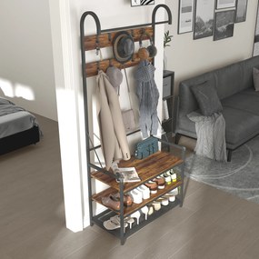 HOMCOM Suport de Haine de Intrare cu Bară, 10 Cârlige Mobile, Bancă și Raft pentru Încălțăminte, Mobilier în Pal și Metal, Design Industrial, 80x40x182 cm, Maro și Negru | Aosom Romania