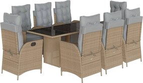 vidaXL Set de masă pentru grădină, 9 piese, cu perne, bej, poliratan
