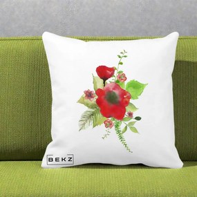 Perna Decorativa Buchet Rosu Acuarela, 40x40 cm, Alba Mata, Husa Detasabila, Perna Inclusa, BEKZ®