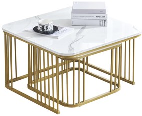 Set de 2 măsuțe pătrate din marmură lucioasă, măsuțe suprapozabile cu picioare aurii, 70×70×45 cm și 50×50×36,5 cm, Alb