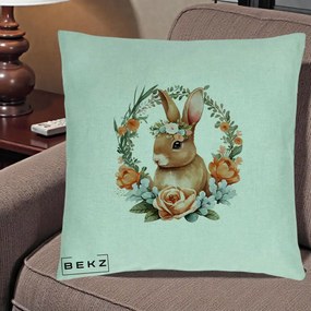 Perna Decorativa Iepuras Floral Coronita Acuarela, 40x40 cm, Verde Menta, Husa Detasabila, Perna Inclusa, BEKZ®