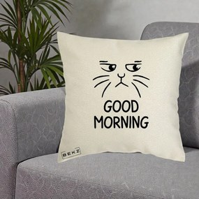Perna Decorativa Pisica Morocanoasa Good Morning, 40x40 cm, Ecru, Husa Detasabila, Perna Inclusa, BEKZ®