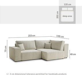 Colțar crem extensibil/cu spațiu de depozitare cu tapițerie din chenille (cu colț pe partea dreaptă/în formă de ”L”) Tonga – Maison de Rêve