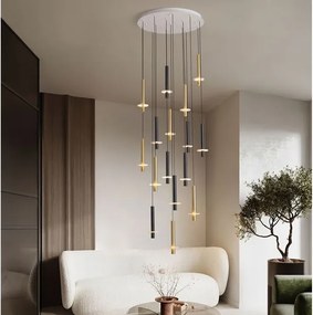 Lustra cu 16 Pendule tub subtire aluminiu auriu si negru LED NOEMI