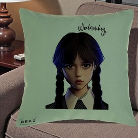 Perna Personalizata Wednesday Addams Portret Realist, 40x40 cm, Verde, Husa Detasabila, Perna Inclusa, BEKZ®