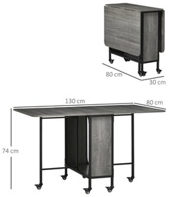 HOMCOM Masă Pliabilă, Rabatabilă pentru 4-6 Persoane cu Raft și 6 Roți, din Lemn și Metal, 130x80x74 cm, Gri | Aosom Romania