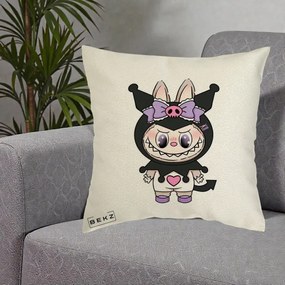 Perna Personalizata Labubu x Kuromi, 40x40 cm, Ecru, Husa Detasabila, Perna Inclusa, BEKZ®