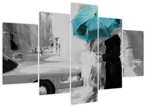 Tablou - Cuplu în dragoste cu umbrelă, albastru (150x105 cm)