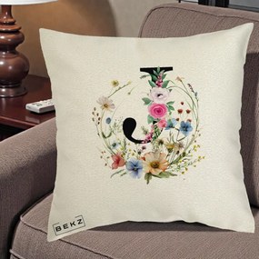 Cadou Personalizat - Perna Personalizata Monogram Litera J cu Flori Acuarela, 40x40 cm, Ecru, Husa Detasabila, Perna Inclusa, BEKZ®