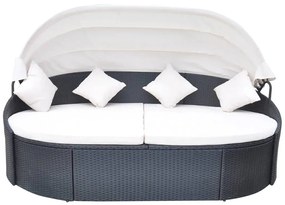 41832 vidaXL Pat șezlong de exterior cu baldachin, negru, poliratan