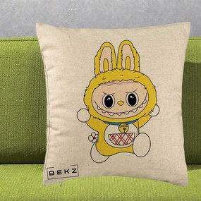 Perna Personalizata Labubu Galben Doraemon, 40x40 cm, Bej, Husa Detasabila, Perna Inclusa, BEKZ®