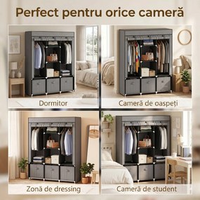 HOMCOM Șifonier din Pânză, Garderob Pliabil cu Rafturi și Sertare, Uși care se Rulează cu Fermoar, 125x43x162.5 cm, Gri | Aosom Romania