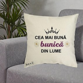 Cadou pentru Bunica - Perna Personalizata Cea Mai Buna Bunica Din Lume Coroana Mov Flori, 40x40 cm, Ecru, Husa Detasabila, Perna Inclusa, BEKZ®