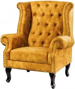 Fotoliu stil englezesc Chesterfield, catifea galben mustar