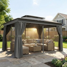 Outsunny Pavilion de Grădină 3,8x3 m cu Perdele, Plasă de Țânțari, Cârlige, Pavilion de Exterior cu Acoperiș Dublu, Orificii de Drenaj, Structură Metalică, pentru Grădină, Terasă, Petreceri, UV30+, Gri Închis | Aosom Romania