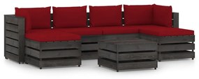 Set mobilier de gradina cu perne, 7 piese, gri, lemn tratat wine red and grey, 7