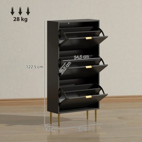 HOMCOM Mobilier pentru pantofi 18 perechi cu 3 sertare rabatabile, uși canelate și rafturi reglabile, 60x24x122,5cm, negru | Aosom Romania