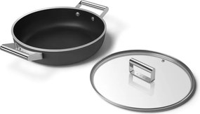 Oală joasă cu capac Smeg DPF2812BLM, 28 cm, 4,3 l, acoperire ceramică antiaderentă, potrivită pentru cuptor până la 250 °C, fără PFAS, compatibilă cu plitele cu inducție, negru