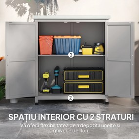 Outsunny - Dulap de Depozitare pentru Exterior, Cutie de Depozitare din Lemn cu Blat Metalic și Rafturi, Banc de Lucru pentru Grădină cu Uși Duble, Gri | Aosom Romania